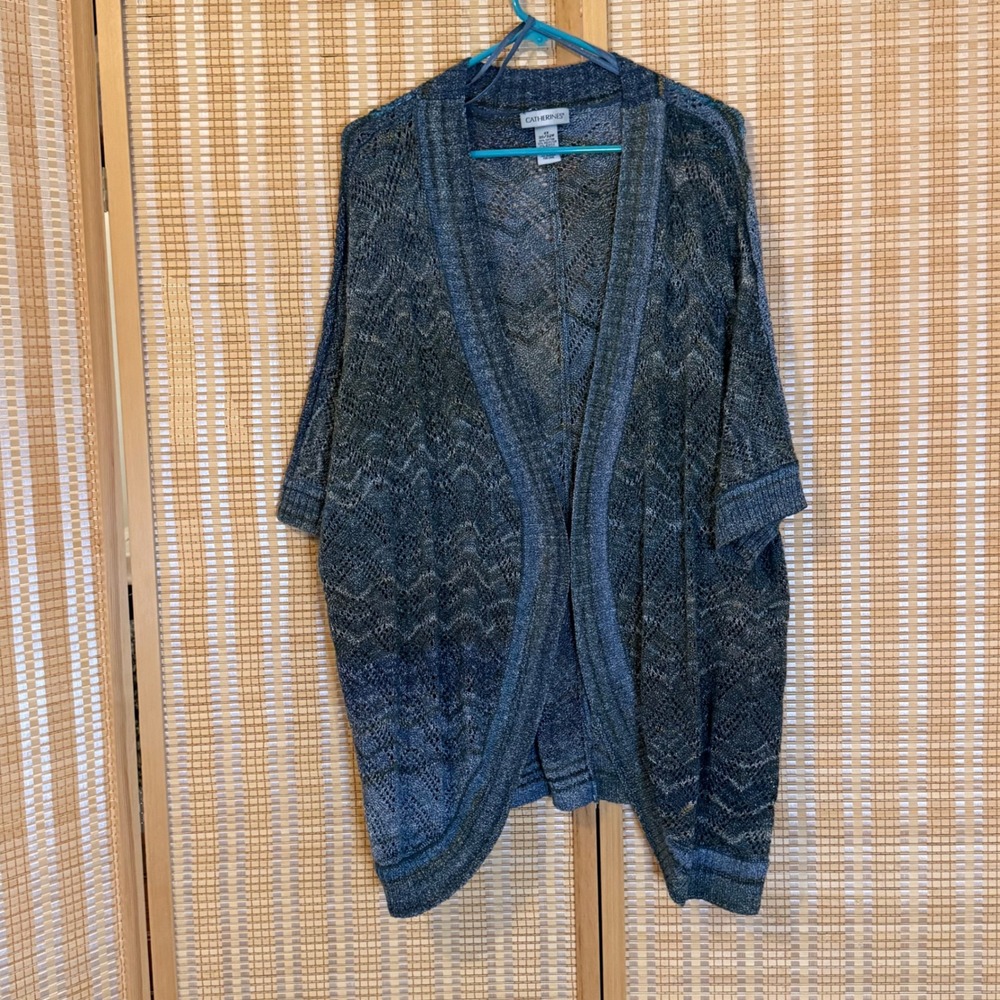 Catherines Blue Grey Space Dye Pointelle Open Front Cardigan Plus Size 4X 30/32W